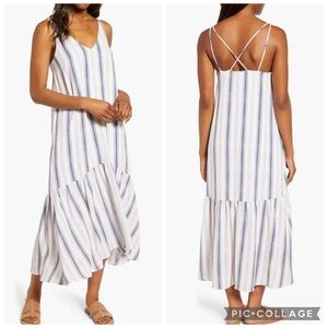 Gibson Summer Nights Maxi Dress Off White Blue Striped Sleeveless XS Sundress